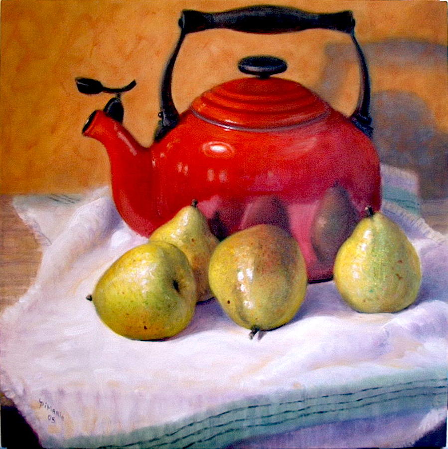 Still Life Painting - Red Teapot and Pears by Donelli  DiMaria