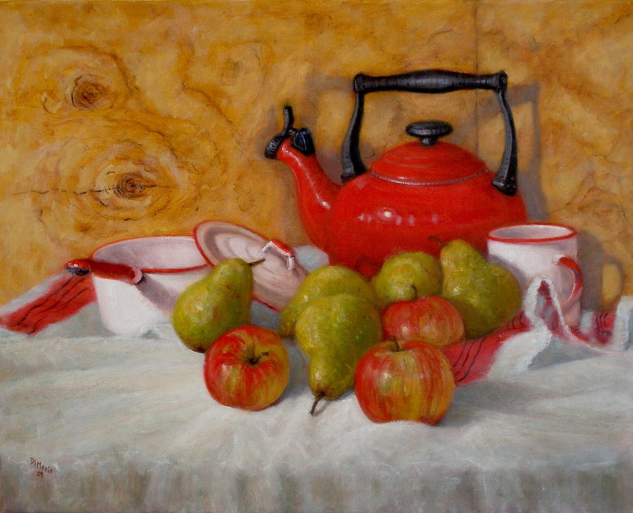 Red Teapot with Apples and Pears Painting by Donelli  DiMaria