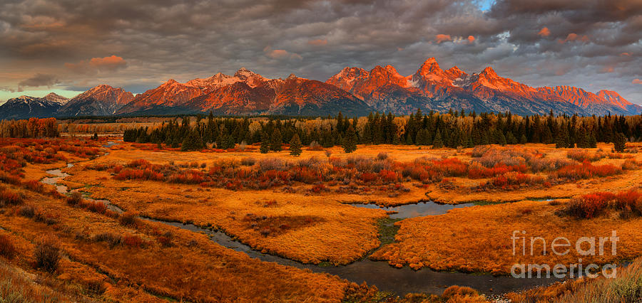 Red Teton Peaks Over Fall Foliage Photograph by Adam Jewell