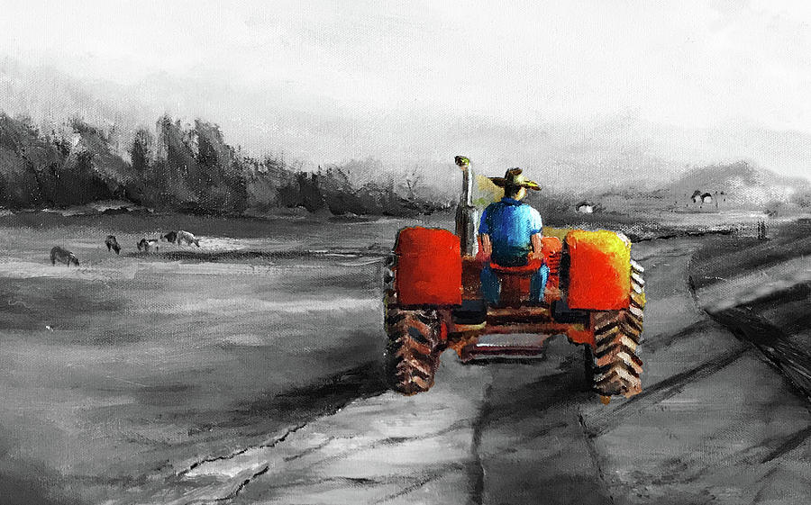 Black And White Painting - Red Tractor in a Foggy Morning by Daniel Xiao