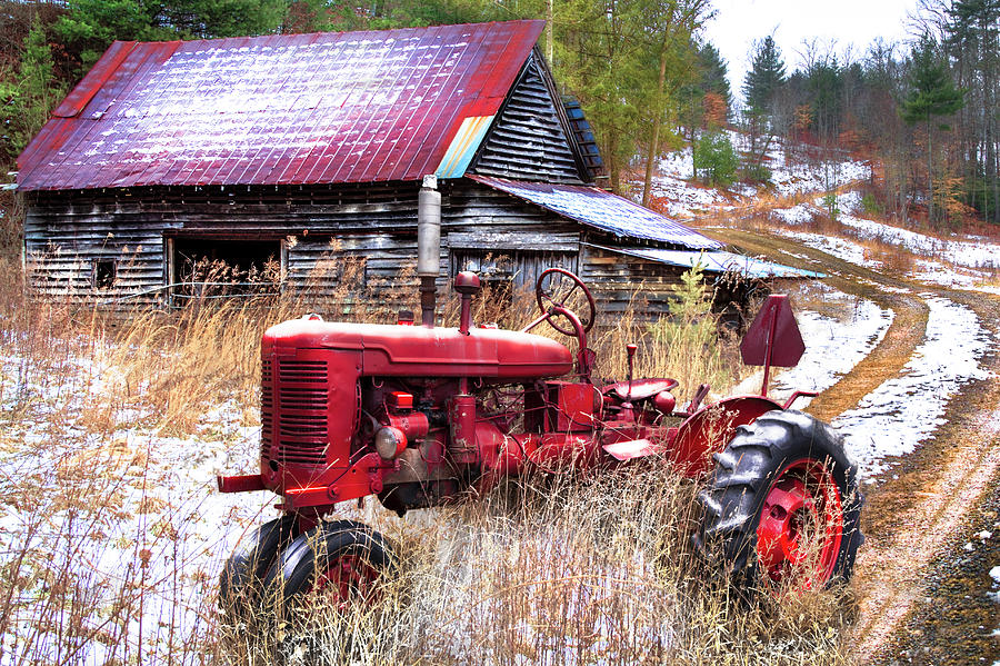 Red Tractor in the Snow Photograph by Debra and Dave Vanderlaan