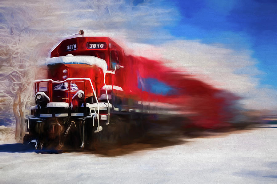 Red Train in the Snow in Motion Watercolor Painting Photograph by Debra and Dave Vanderlaan