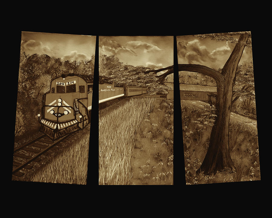 Red Train Passage - Sepia Painting by Claude Beaulac