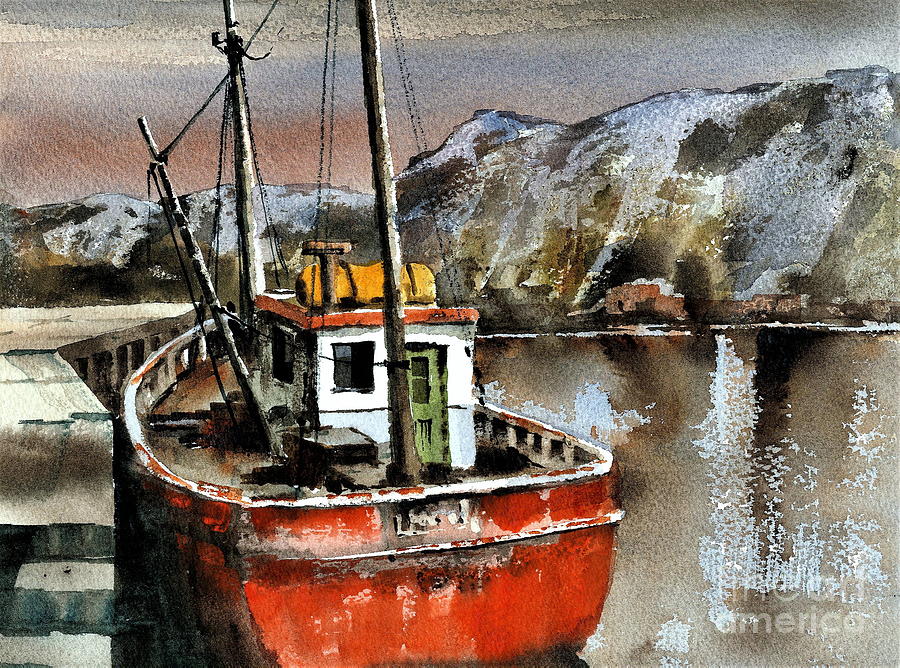 Red Trawler in Bunbeg, Donegal Painting by Val Byrne