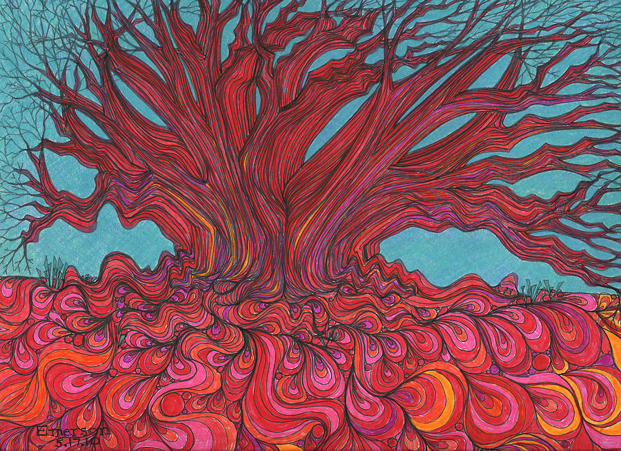 Fantasy Drawing - Red Tree by Harriet Emerson