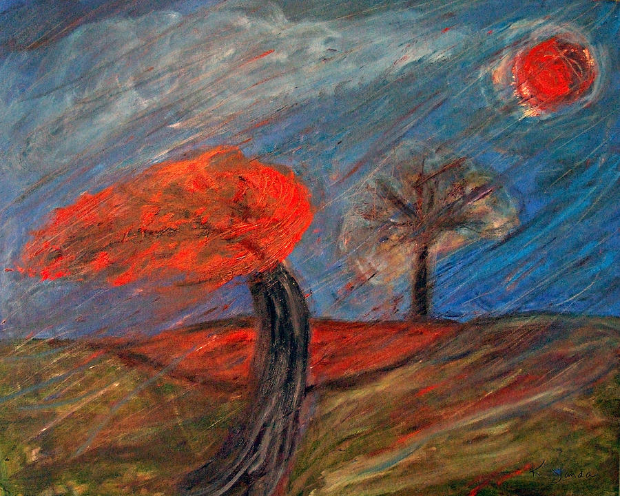 Red Tree in the Wind Painting by Katt Yanda
