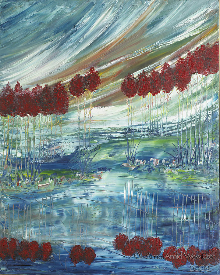 Red trees at Horizon. Painting by Sima Amid Wewetzer