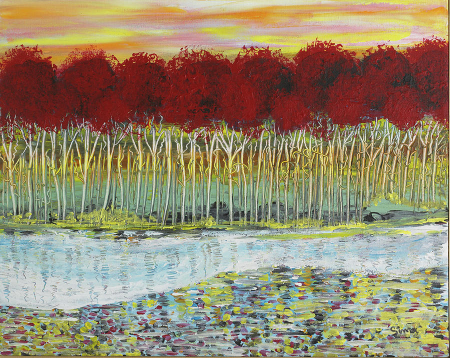Tree Painting - Red Trees at water by Sima Amid Wewetzer