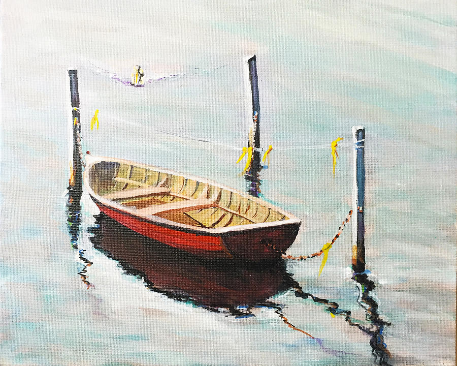 Red Triple Moored Rowboat Painting