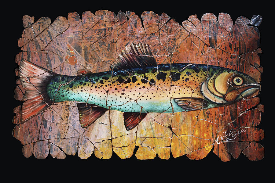 Red Trout Fresco Black Background  Painting by Lena Owens - OLena Art Vibrant Palette Knife and Graphic Design