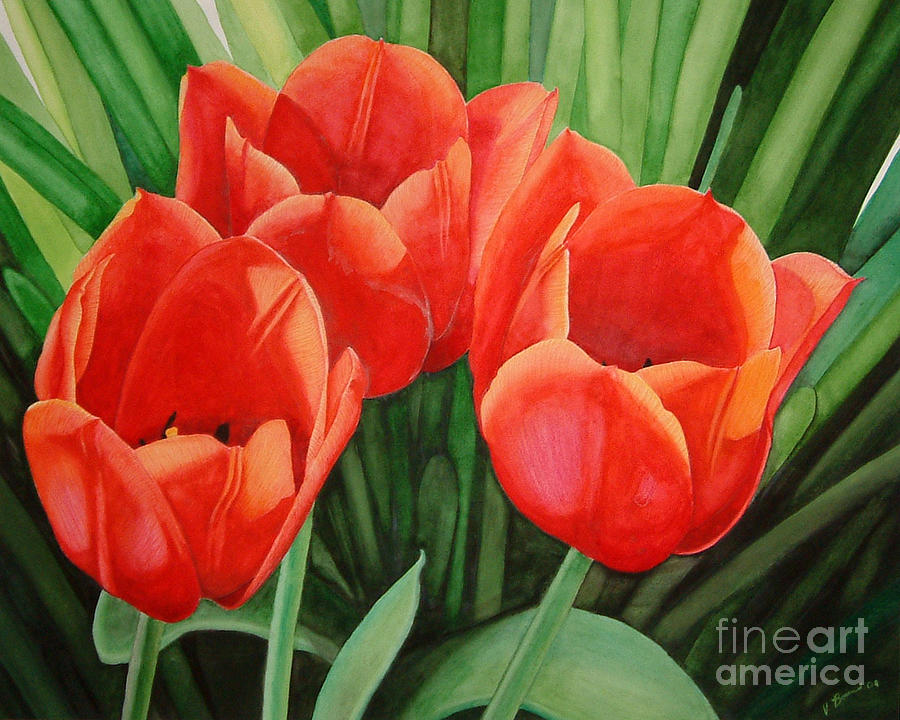 Red Painting - Red Tulip Trio by Vivian Bound Red Painting - Red Tulip Trio by Vivian Bound
