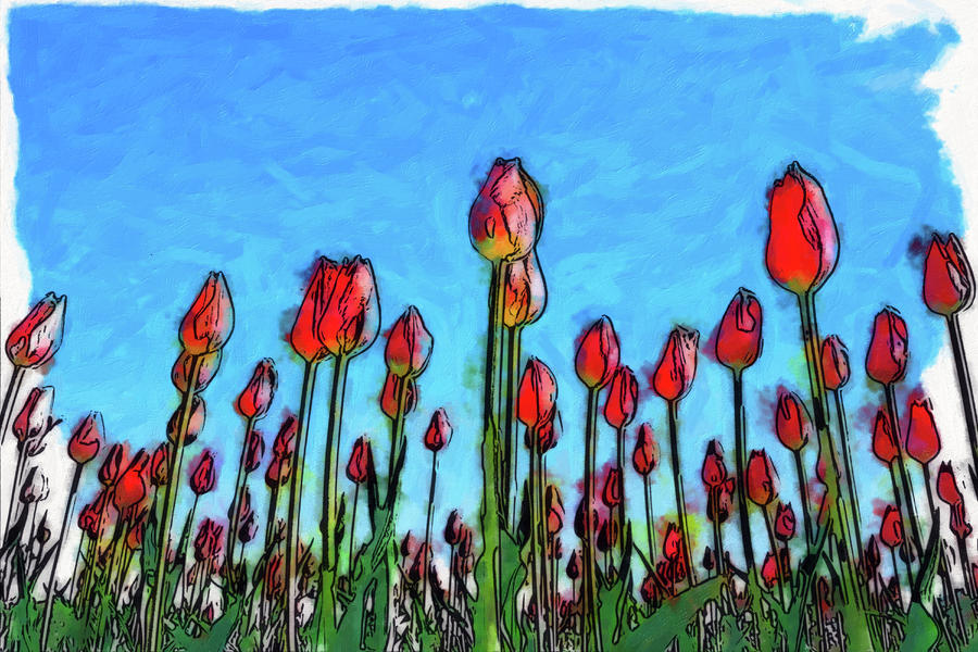 Flower Digital Art - Red tulips and blue sky by Giuseppe Cesa Bianchi