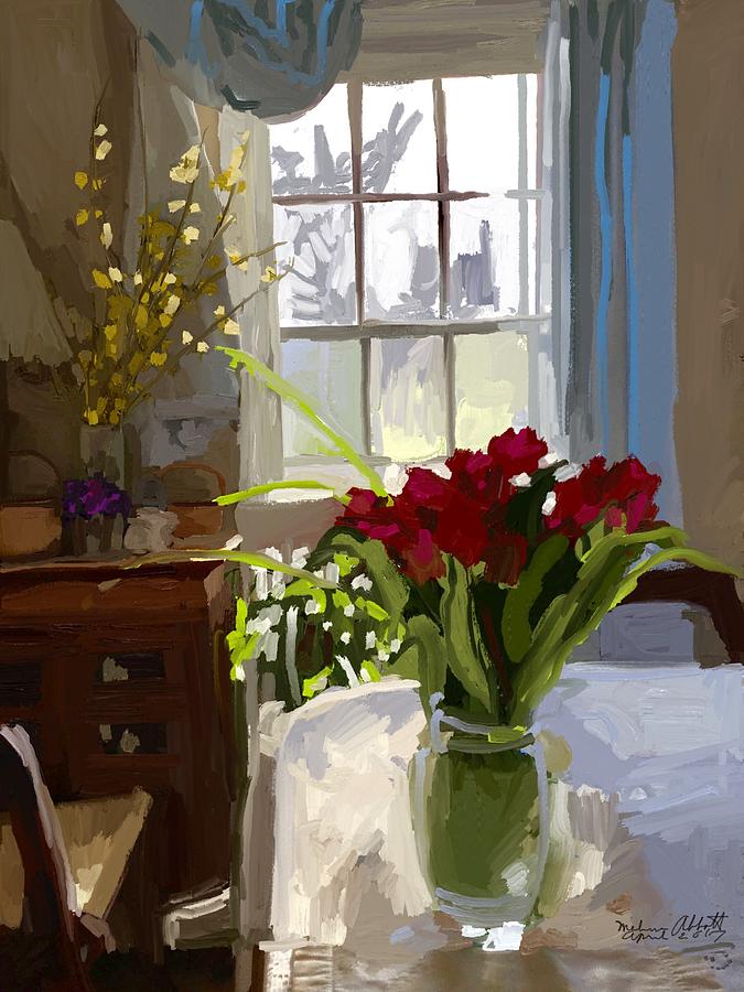 Red Tulips and Forsythia in East Gloucester, MA Dining Room Painting by Melissa Abbott