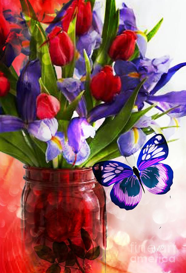 Red Tulips and Purple Irises Digital Art by Maria Urso