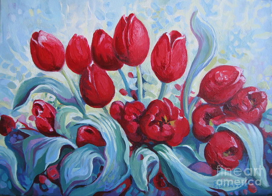 Red tulips Painting by Elena Oleniuc