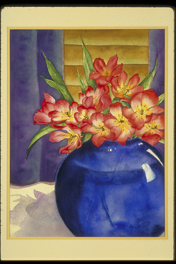 Tulip Painting - Red Tulips for a Blue Lady by Nancy  Ethiel
