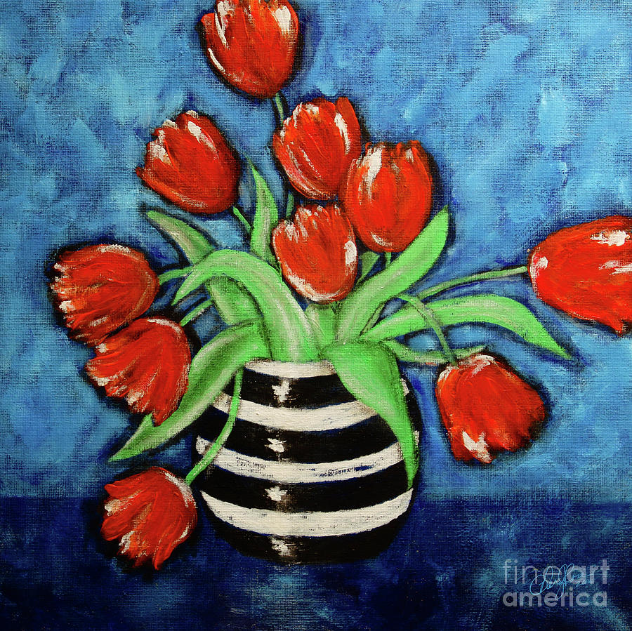 Red Tulips in a Vase Painting by Cheryl Rose