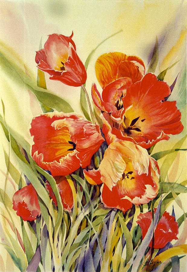 Red Tulips Painting - Red Tulips in my Garden by Maryann Boysen