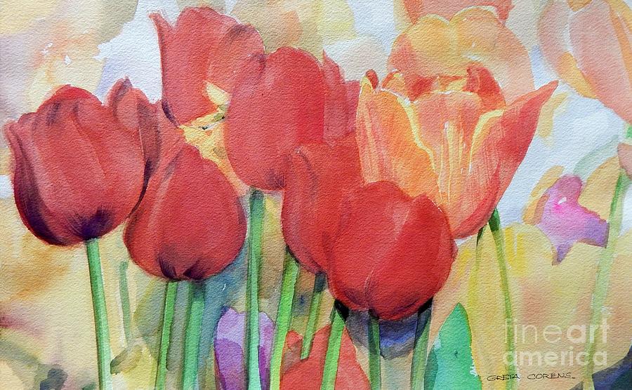 Watercolor of Blooming Red and Orange Tulips in Spring Painting by Greta Corens