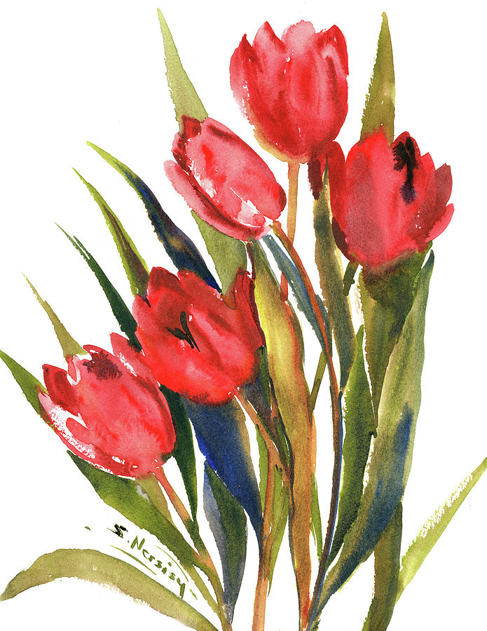Red Tulips Painting by Suren Nersisyan
