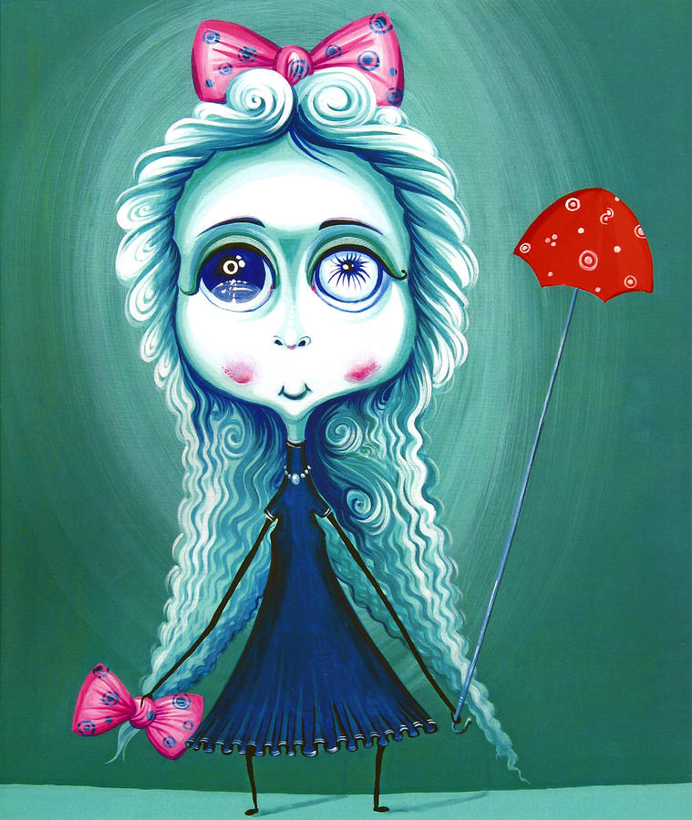 Red Umbrela - Girl With Big Eyes and Red Umbrella - Unusual Art Painting by Tiberiu Soos