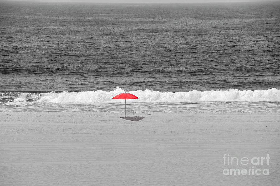 Red Umbrella all Alone BW Photograph by David Zanzinger