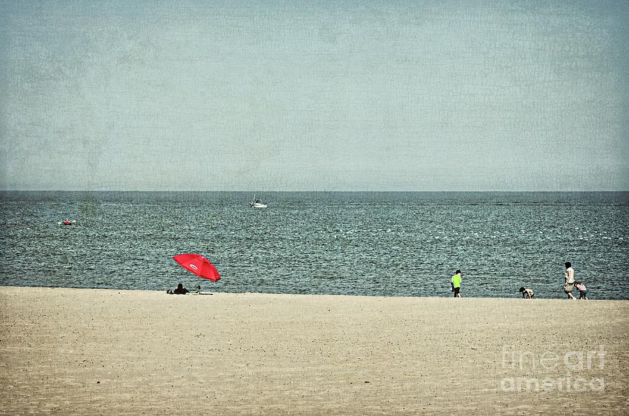 Red Umbrella at the Beach - Sheboygan Photograph by Mary Machare