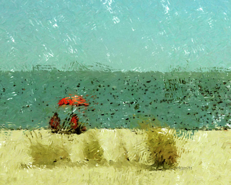 Red Umbrella Beach Coastal Digital Art by Rebecca Korpita