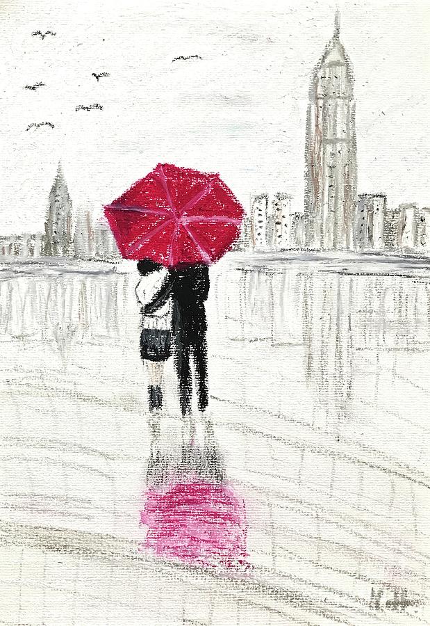 Red umbrella couple Pastel by Monika Howarth