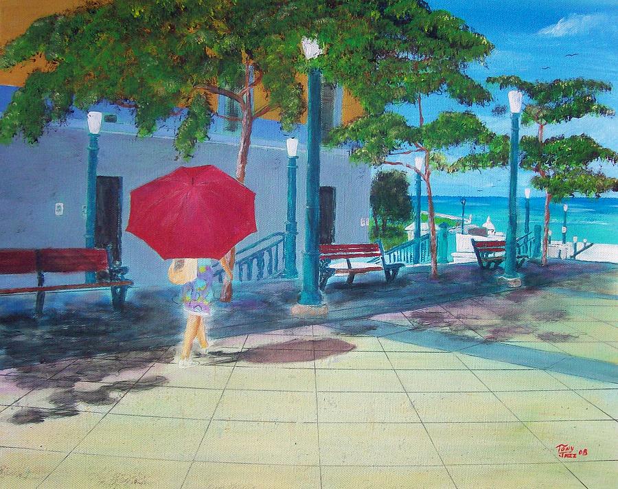 Red Umbrella in San Juan Painting by Tony Rodriguez