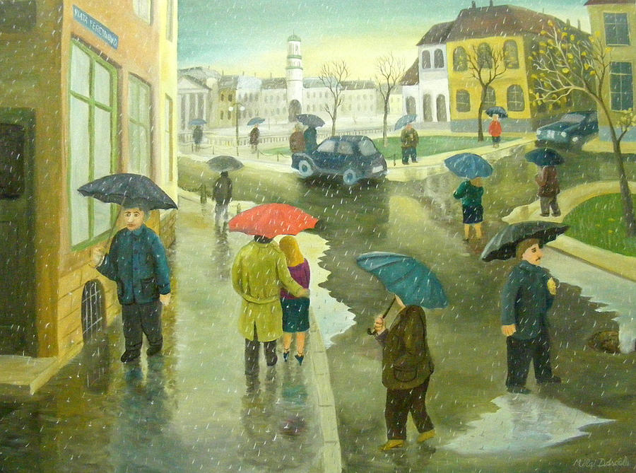 Red Umbrella Painting by Mihai Dascalu