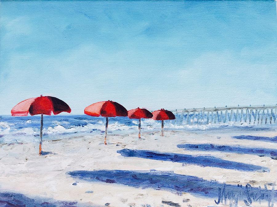 Red Umbrellas Early Morning Painting by Maggii Sarfaty