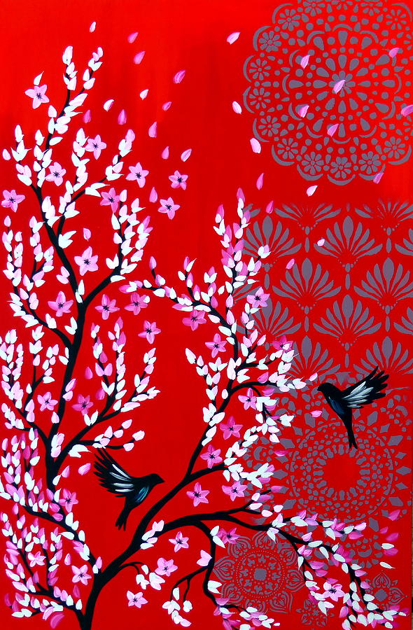 Red Vertical Cherry Blossom Painting