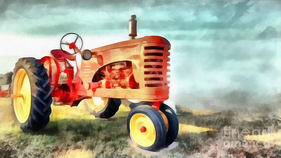 Red Vintage Tractor Painting by Edward Fielding
