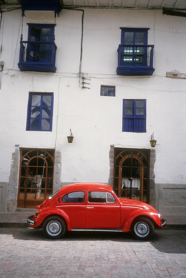 Red Photograph - Red VW Beetle in Cusco Peru by Alex Hinds
