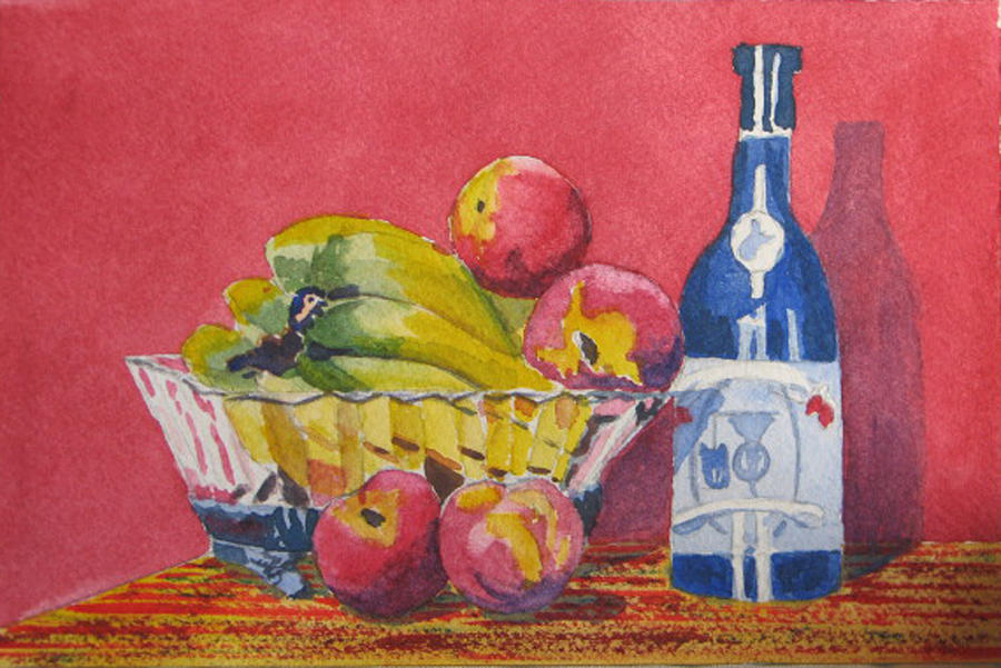 Banana Painting - Red Wall Blue Wine by Libby  Cagle