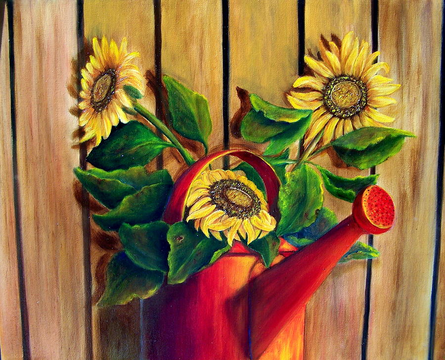 Red Watering Can with  Sunflowers.  SOLD Painting by Susan Dehlinger