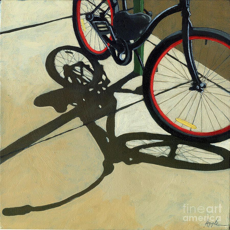 Still Life Painting - Red Wheels - Bicycle art oil painting by Linda Apple