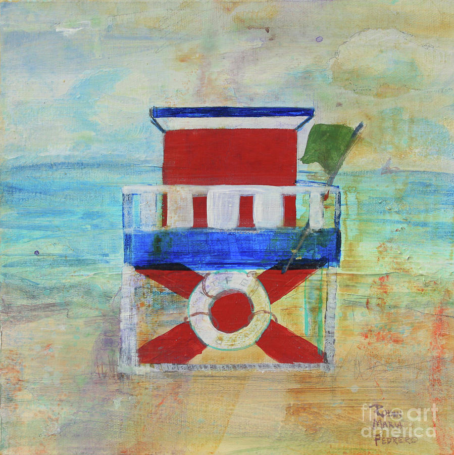 Red White and Blue Life Guard Station Painting by Robin Pedrero