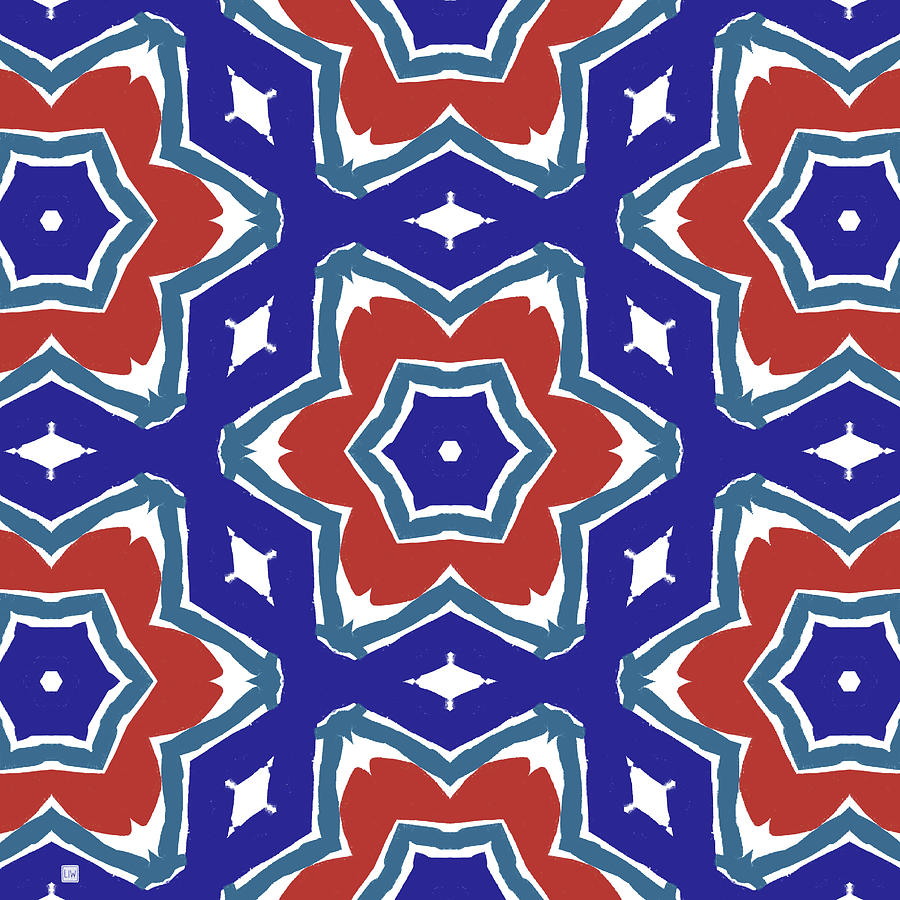 Red White and Blue Star Flowers 1- Pattern Art by Linda Woods Digital Art by Linda Woods