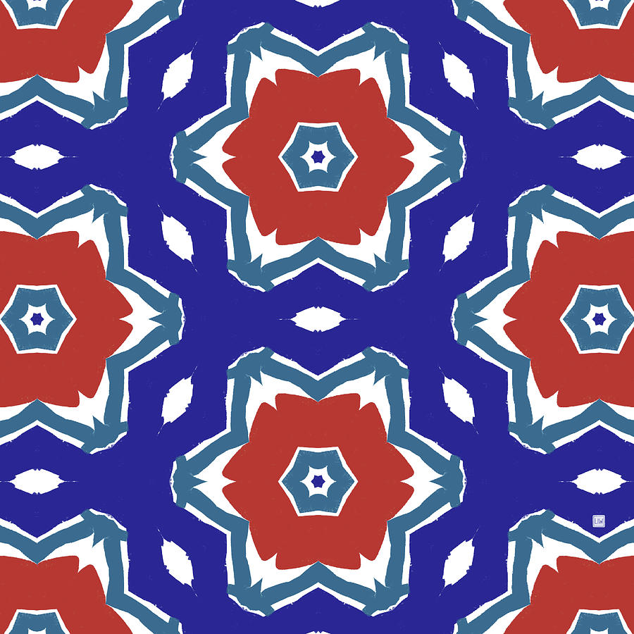 Red White and Blue Star Flowers 2 - Pattern Art by Linda Woods Digital Art by Linda Woods
