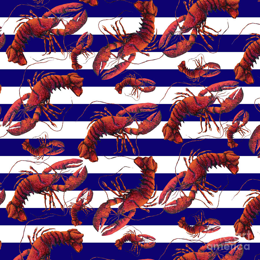 Coastal Red White and Blue Striped Lobster Pattern Design by Megan Duncanson MADART Painting by Megan Aroon