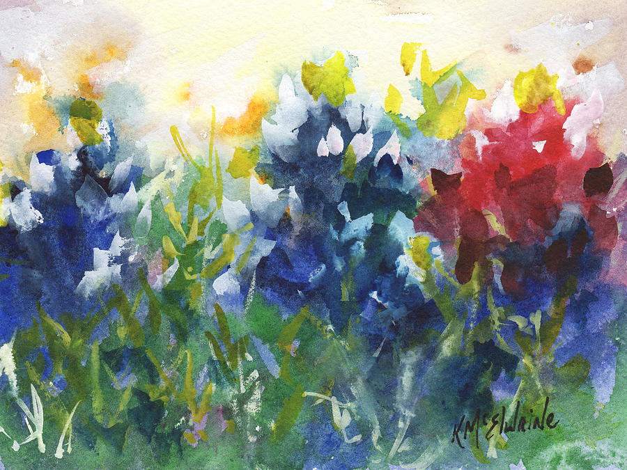 Red White and Bluebonnets watercolor painting by KMcElwaine by Kathleen McElwaine Red White and Bluebonnets watercolor painting by KMcElwaine by Kathleen McElwaine