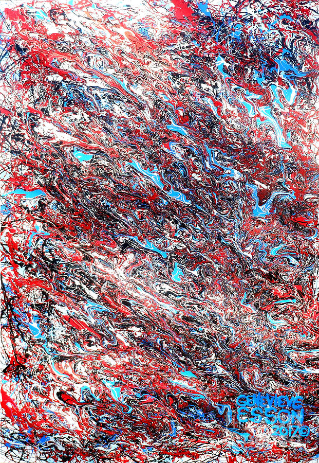 Abstract Painting - Red White Blue and Black Drip Abstract by Genevieve Esson