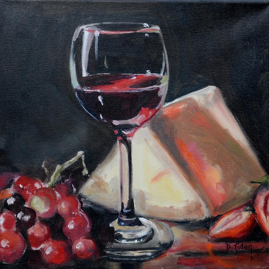 Red Wine Cheese Grapes Strawberries Still Life Painting by Donna Tuten