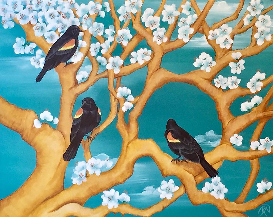 Red Winged Black Bird Among Blue Blossoms  Painting by Renee Noel