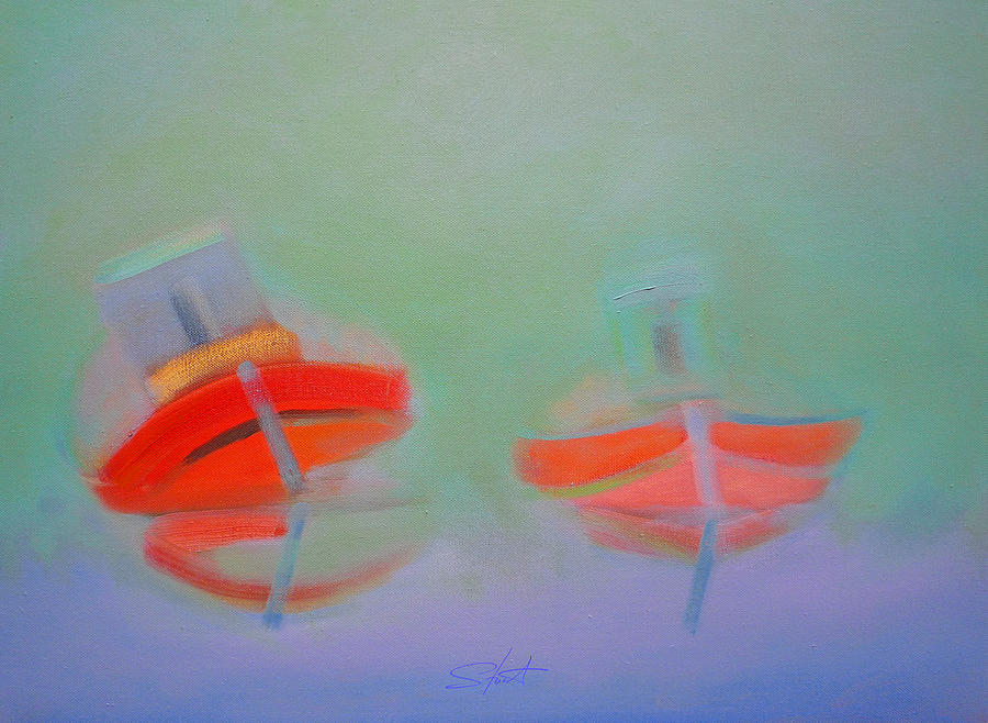 Red Wooden Fishing Boats Settled In The Mud Painting by Charles Stuart