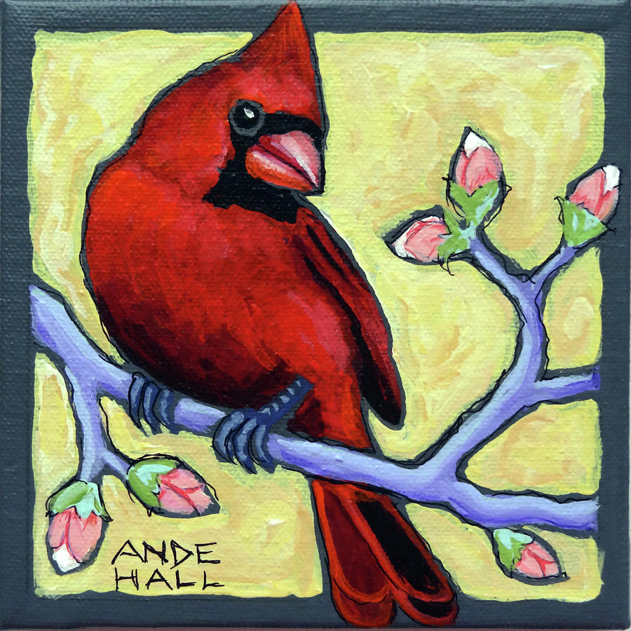 Redbird With Buds Painting by Ande Hall