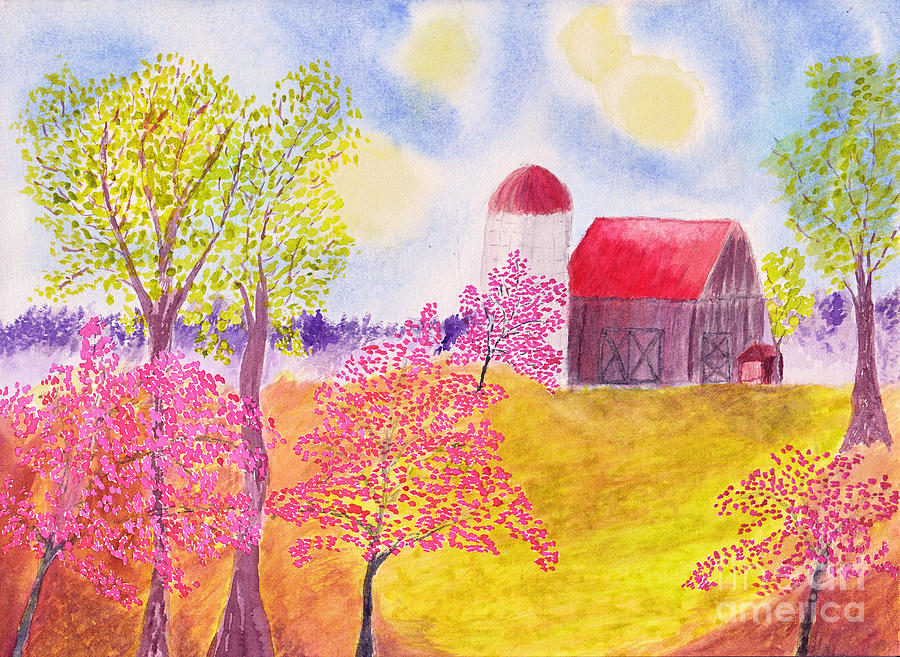 Redbud Trees in Spring Farm Scene Painting by Conni Schaftenaar