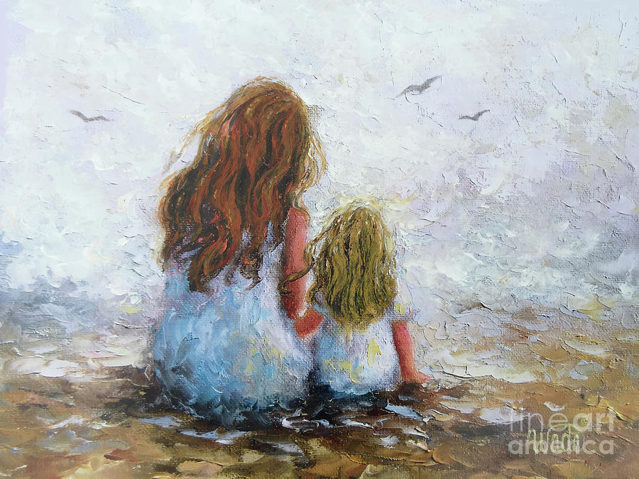 Mother And Daughter Painting - Redhead Mom Blonde Daughter by Vickie Wade